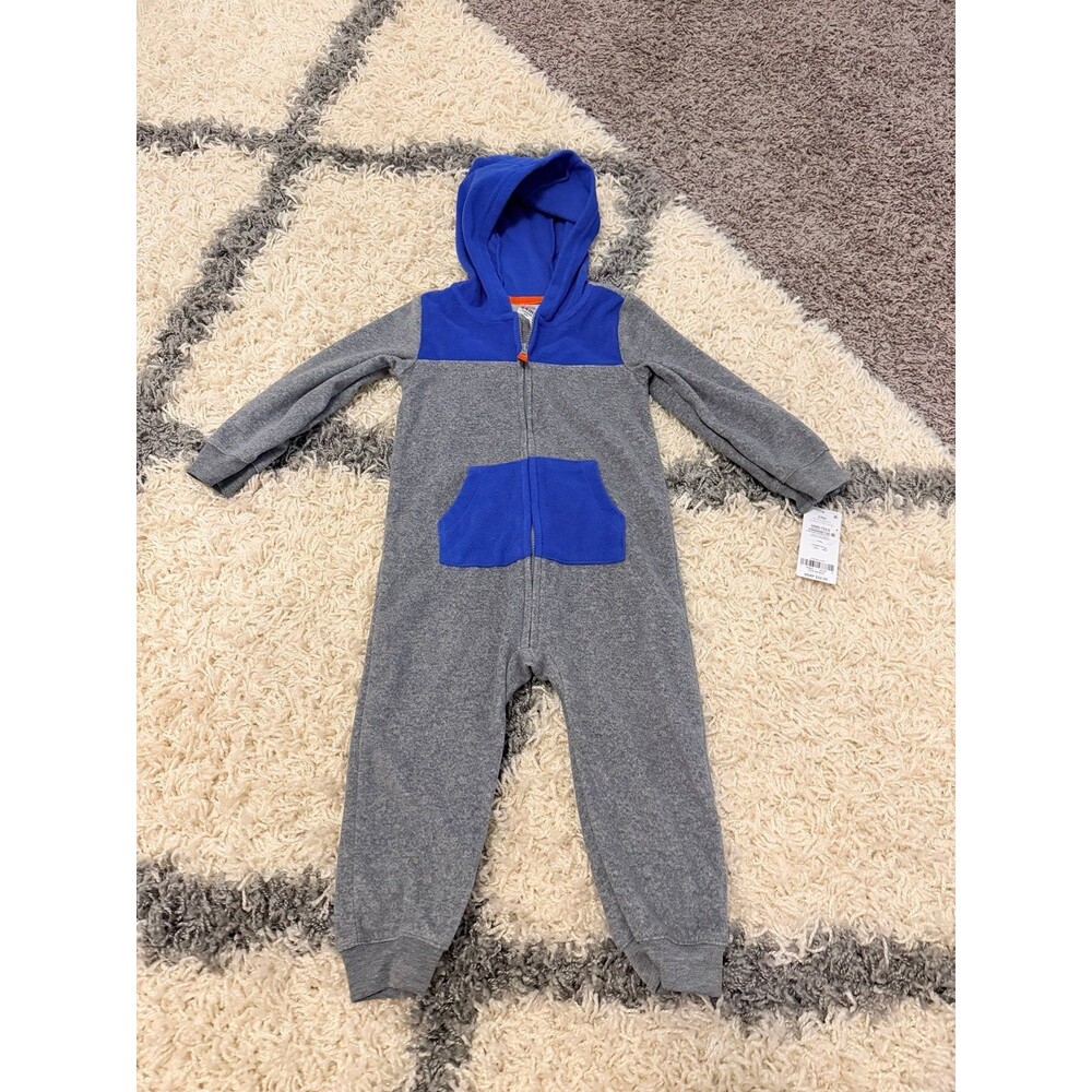 Carters Gray & Blue Hooded Long Sleeve Romper Boys Size 24 months